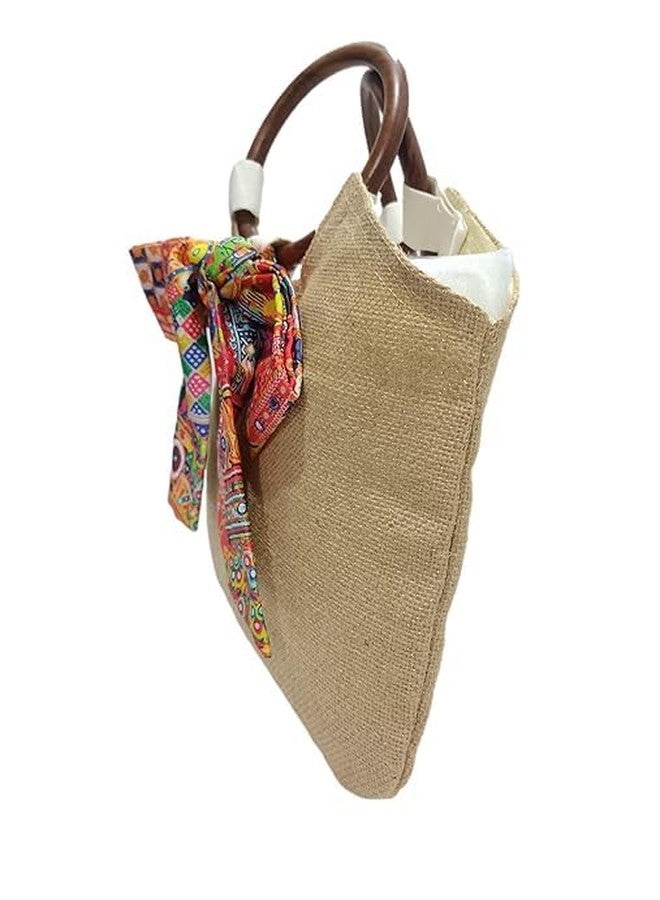 athizay handbags wooden handles Bags with Handcrafted Bow Detail hand carry artistic wristlets bags for women (Golden White Jute, Silky Creamy, Pink, Multi-Color) - Image 4